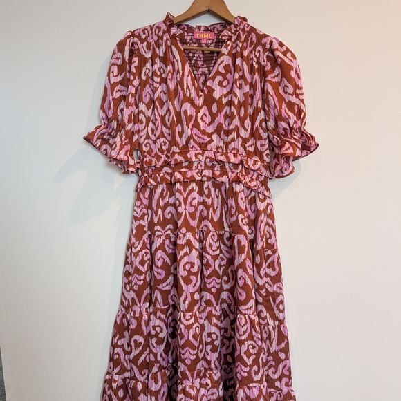 THML Dresses & Skirts - THML Pink and Brown Patterned Midi Dress